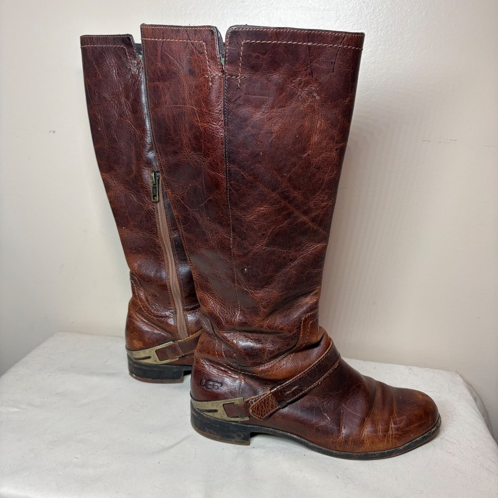 UGG Joss Brown Leather Tall Riding Boots 1001637 Womens 8 Harness Moto Zip